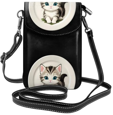 Petit sac à main pour téléphone portable 19,3 x 12,4 cm Motif chaton YYHHAOFA sur une assiette tendance, pratique, multifonctionnel en cuir à rabat pour femme