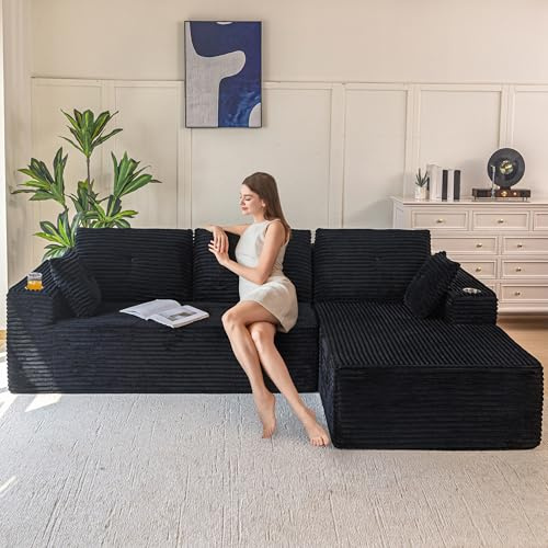 MAXYOYO Modular Sectional Sofa, Modern Boneless Couch 3-4 Seater Corner Sofa Left/Right Hand Facing Corduroy, Oversized Sofa L Shaped Sofa Bed for Living Room Bedroom, No Assembly Required, Black