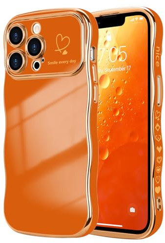 LCHULLE for iPhone 13 Pro Max Case Cute for Women Girls Wavy, Orange | Luxury Plating Curly Wave Shape Frame with Love Heart Pattern, Raised Camera Protection Back Cover Shockproof Phone Case