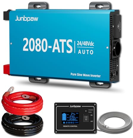 Junbpaw 2080W RV Reine Sinus-Wechselrichter mit ATS, Dual-Spannungs-Wechselrichter 24V/48V bis 120V für LKW-Off-Grid, Camping, Notstromversorgung zu Hause (GE-LGE-2080D-Blue)