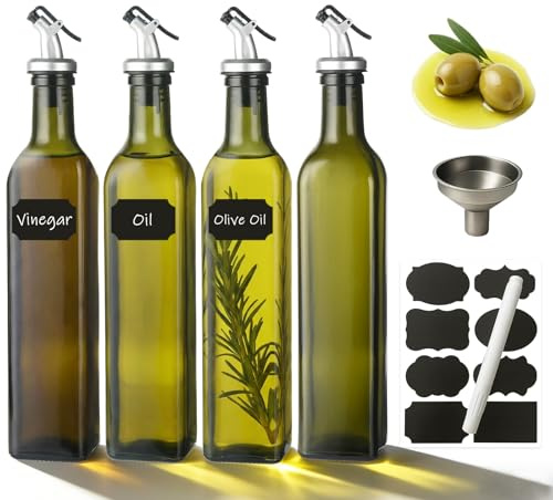 WERTIOO Glass Olive Oil Dispenser Bottles, 500 ml, 4 Pack with 2 Funnels | 4 Pack 500ml Oil Dispenser Bottles, Non-Drip Spouts, Caps, Funnels, Pen & Tags for Oil, Vinegar, Reusable Kitchen Storage