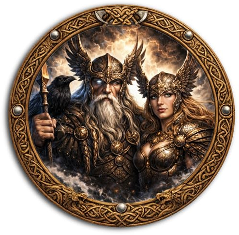 DARO Design - Viking Wandbilder Rund Ø 20 cm - Odin und Frigg – Nordische Mythologie & Mystic Motiv - Als Wandbild oder Aufsteller – Inkl. Wandhaken & Ständer Aufsteller