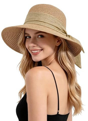 Hittriu Straw Sun Hats for Women, Foldable Bowknot Straw Hat, Wide Brim Straw Summer Hat, for Beach Travel Holiday (Khaki)