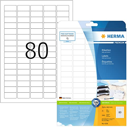 HERMA 4336 Universal Etiketten, 800 Blatt, 35,6 x 16,9 mm, 80 pro A4 Bogen, 64000 Stück, selbstklebend, bedruckbar, matt, blanko Papier Klebeetiketten Aufkleber, weiß