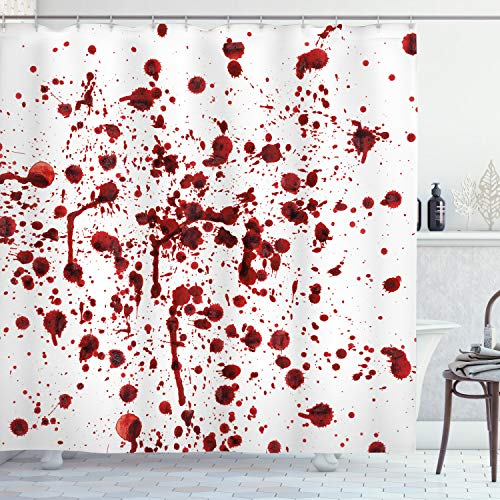 ABAKUHAUS Blutig Duschvorhang, Blutspritzer Scary, Stoffliches Gewebe Badezimmerdekorationsset mit Haken, 175 x 200 cm, Weiß Rot