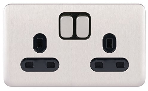 Schneider Electric Lisse Screwless Deco - Switched Double Power Socket Double Pole, 13 A, GGBL3020DBSS, Stainless Steel with Black Insert