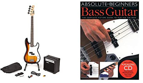 RockJam RJBG01-SK-SB Full Size Bass Guitar super Kit with Guitar Amplifier Guitar Tuner Guitar Stand Guitar Bag and accessories Sunburst & Absolute Beginners Bass Guitar (Book & CD)