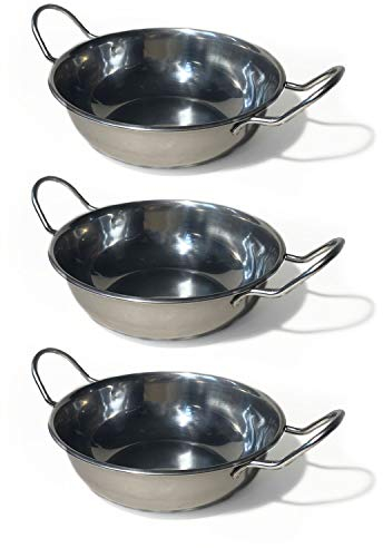 Indian Balti Dish - 3 X 18CM Stainless Steel Curry Serving Dish - Indian Serving Dishes with Handle