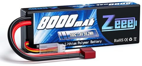 Zeee 2S Lipo Battery 7.4V 100C 8000mAh RC Battery Hard Case with T Plug for RC Car RC Truck RC Truggy RC Boat Helicopter