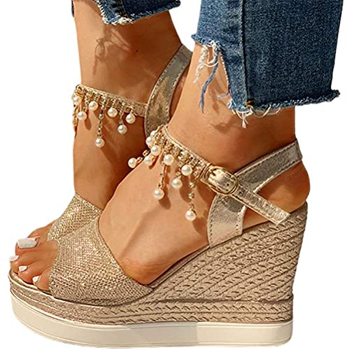 Minetom Sandale Femme Talon Compensé Chunky Chaussure Sandale Plateforme Cheville Perle Strass Talon Sandales A Or 38 EU