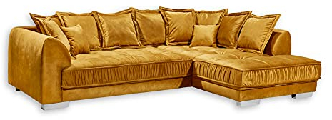 Stella Trading PASCHA Ecksofa, Stoffbezug Okra - Moderne Eckcouch in L-Form mit universell stellbarer Ottomane & dekorativer Steppung - 308 x 73 (90) x 194 cm (B/H/T)
