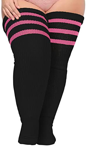 Moon Wood Womens Thigh High Socks Plus Size Extra Long Striped Thick Over the Knee Socks Leg Warmer Boot Stockings Black & Pink