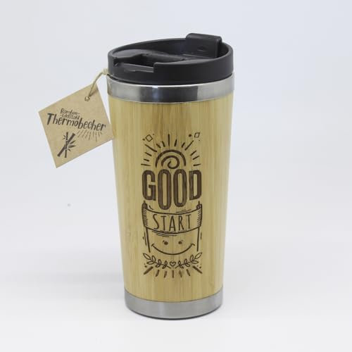 Bambus Thermobecher mit Text Gravur: GOOD START. Optimal für täglichen Bedarf und lange Ausflüge. Geschenk für jedermann und für alle Angelegenheiten.