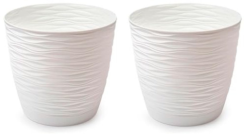 AC - Pack de 2 Macetas Redondas con Plato - Diseño Wind (Ø 19 cm) - Fabricado en plástico - Ideal para jardín Exterior, terraza o balcón - Color Blanco Roto
