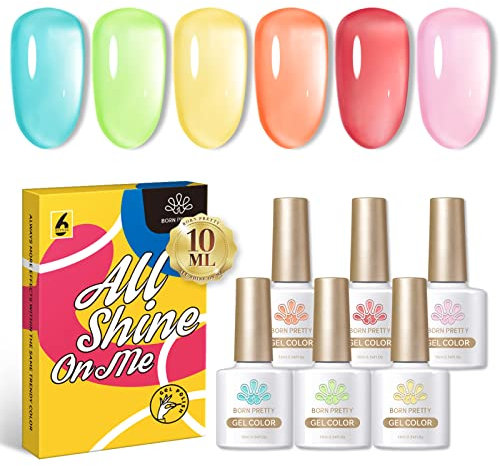 BORN PRETTY Jelly Gel Polish, Summer Crystal Pastel Gel Polish Colors Blue Red Green Yellow Pink - Soak Off U V LED Manicure Kit 6PCS