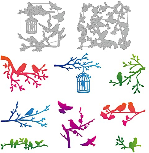 GLOBLELAND Frühlingsvogel Auf Zweigen Stanzformen Vogel Und Vogelkäfig Vögel Prägeschablonen Schablonenformen Für Karten Scrapbooking Und DIY Bastelalbum Papier Kartendekor