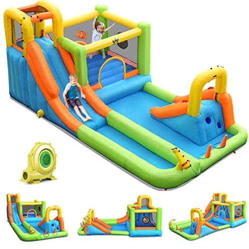 GOPLUS Château Gonflable Aquatique, Aire de Jeux Toboggan avec Zone de Saut, Canon à Eau, Panier de Basket pour 3 Enfants de 3 à 10 Ans Jusqu’à 135KG, 504 x 295 x 217 CM (avec Souffleur 680W)