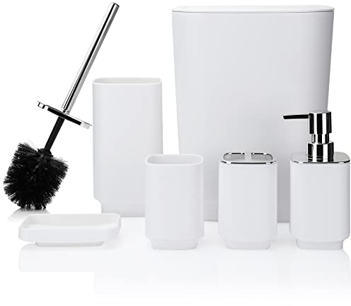 JOTOM 6 Pieces Bathroom Accessory Set Luxury Plastic Bathroom Accessories Set Trash Can Toilet Brush Set Toothbrush Holder Tumbler Soap Dish Soap Dispenser Bath Set Gift (White)