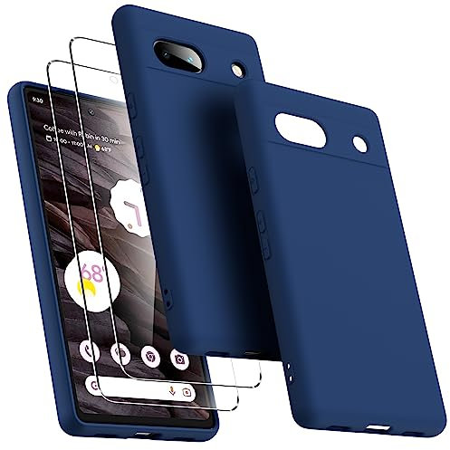 Oududianzi Coque pour Google Pixel 7a avec 2 protecteurs d'écran en Verre trempé, Housse de téléphone protectrice Slim en Silicone Liquide Antichoc pour Femmes/Hommes - Bleu
