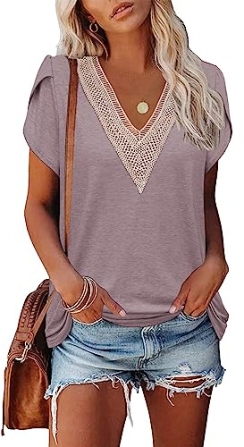 Famulily Short Sleeve Tops for Women, Ladies V-Neck Lace Trim Purple Blouses Fashion Summer Clothes (L, Purple)