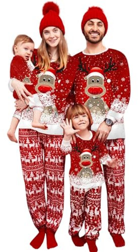 BTONGE Pyjama Noel Famille À Manches Longues Et Col Rond, Imprimé Élan À Carreaux pour Femmes Hommes Enfants Et Bébés Rouge