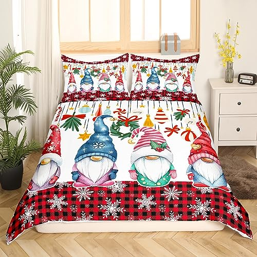 Homewish Weihnachts GNOME Bettwäsche Set Weihnachts Schneeflocke Bettbezug 135x200,Skandinavische Weihnachts Dekor Santa Zwerg Tröster Bezug,Weihnachtsschmuck Rot und Schwarz Plaid Weihnachts Dekor