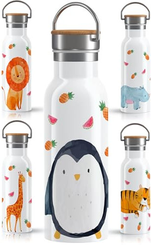 OWLBOOK® Edelstahl Trinkflasche Kinder | Wasserflasche Flasche BPA-frei | 600 ml | Auslaufsicher Spülmaschinenfest | Schule | Schulanfang Geschenke zur Einschulung Mädchen Jungen | Pinguin
