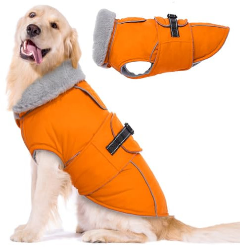 Lelepet Hundemantel Winterweste Reflektierende Fleece Hundejacke für Große Hunde Wasserdicht Hundejacke Wintermantel Warme Winterjacke mit Verstellbarer Schnalle, Orange 2XL