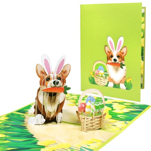 CNLITIHEKA Pop Up påskkort, roliga hund-påskkort, blomkorg ägg påskkort, 3D-påskkort, pop up-kort med kuvert och tom anteckning.