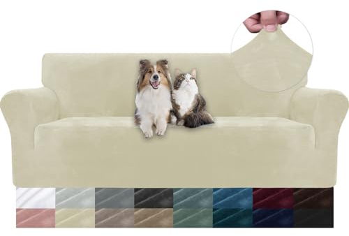 YSTELLAA Samt Sofa Überzug 3 Sitzer, Stretch Sofabezug, Sofaschoner rutschfest, Elastischer Couch Überzug, Sofa Cover Mit Armlehnen, Couchüberzüge Sofaschutz Katze, Beige