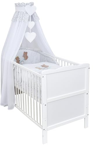 Generisch Baby Delux Babybett Komplett Set 9-TLG Kinderbett umbaubar zum Juniorbett 70x140 Matratze Jack Bettset Vollstoffhimmel (Sternchen weiß)