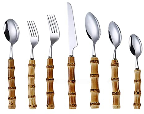 DSeenLeap Juego de Cubiertos de bambú de Acero Inoxidable para 12, 84 Piezas de Cubiertos con Mango de bambú Natural, Utensilios de Cocina para el hogar, Apto para lavavajillas (Plata 42 Piezas)