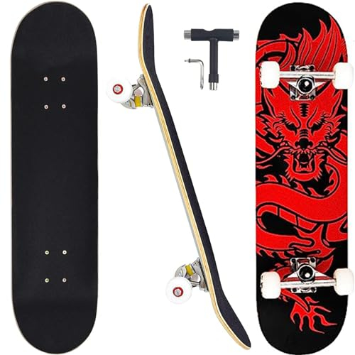 CAPARK Skateboards für Anfänger, Erwachsene, Jugendliche, Kinder, Mädchen, Jungen, 78,9 cm, 78,9 cm, 7-lagig, kanadischer Ahorn, Double Kick konkave Longboards (Drachen)
