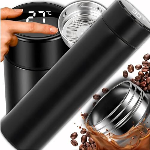 PrzydaSie Thermosflasche Mit Temperaturanzeige 500ml – Edelstahl Kleine Thermoskanne BPA Frei – Isolierflasche Mit Großer Öffnung – Thermobecher Auslaufsicher Für Schule, Sport, Uni, oder Alltag