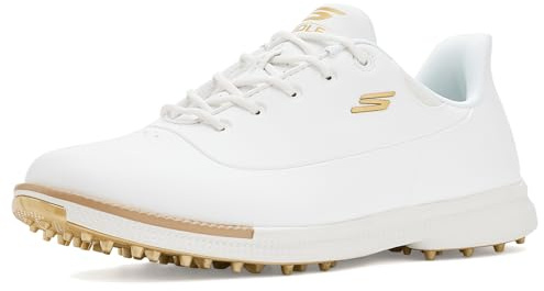 Skechers Golf Jasmine Damen-Golfschuh-Sneaker, wasserdicht, Weiß/Gold, ohne Spikes, 7,5