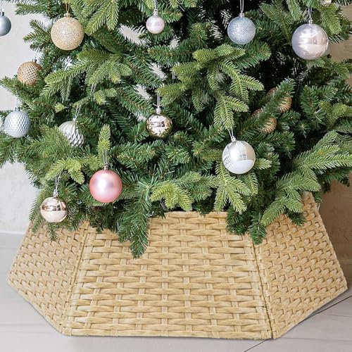 HarcoHome Collar de mimbre para árbol de Navidad, cubierta hexagonal de ratán de 33 pulgadas de profundidad, anillo de árbol de Navidad hecho a mano, falda de árbol de Navidad tejida para decoración