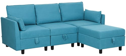 HOMCOM Modular Modular Sofa mit Ottomane und Lagerung, 3 Sitzer L-förmige Ecksofa mit Kissen und Flanell Polsterung für Wohnzimmer, 213x156x88 cm, Blau