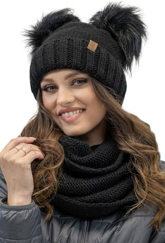 VIVISENCE Damen-Set Mit Bommelmütze Und Loop-Schal - Zwei Große Bommeln Aus Umweltfreundlichen Fasern Antistatisches Fleece Perfekte Passform Warmes Garn, Schwarz,Einheitsgröße
