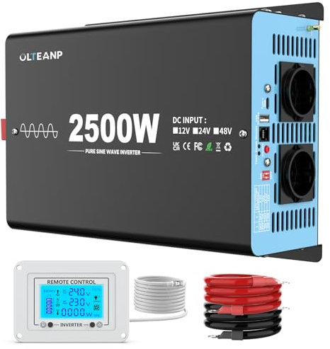 OLTEANP 2500W Spannungswandler 24v auf 230v Reiner Sinus Wechselrichter -Power Inverter Konverter mit 2 AC-Ausgängen, USB&Type-C Anschluss, für LKW, Fahrzeug,Fernbedienung mit LCD-Bildschirm
