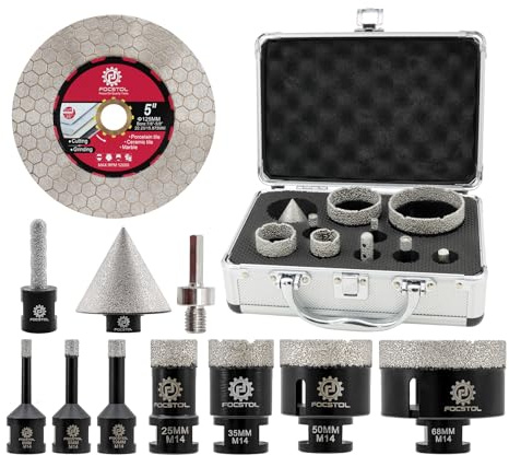 FOCSTOL Diamond Drill Bit Set - Tile Hole Cutter Set for Porcelain Ceramic Tile Granite 11pcs (6/8/10/25/35/50/68mm+50mm Beveling Chamfer Bit+10mm Finger Milling Bit+Hex+125mm Cutting Disc)