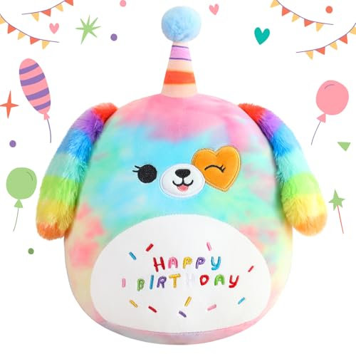 SQEQE Happy Birthday Stuffed Animal 10 Rainbow Dog Soft Toys Cute Plush Pillow Unicorn Dog Plush Toy for Kid Girl Boy 25CM