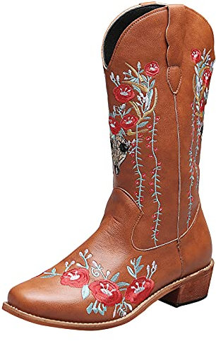 Stivali da Cowboy con Ricamo Girasole Cowgril per Stivali da Donna Stivali da Moto Vintage Western da Donna Stivali Polizia Stradale Stivali Neve 37 38 (Brown, 37)