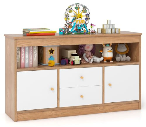 GYMAX Kids Storage Cabinet, Wooden Children Bookcase with Open Shelf, 2 Drawers & 2 Door Cabinets, Toy Storage Organizer for Playroom Bedroom Nursery (Natural+White)