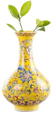 Kleine Keramikvase für Blumen, handgefertigt, elegante dicke Bauchvase, Vintage, chinesische Malerei, Porzellan, dekorative Vasen für Büro, Heimdekoration, Gelb