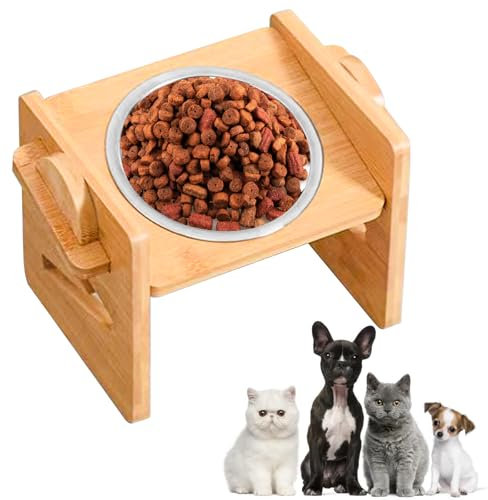 Hundenapf Erhöht Mit Ständer, Bambus Holz Erhöhte Hundenapf, Futternapf Hund Erhöht Mit 450ml Edelstahl Fressnapf, Höhenverstellbar Futternapf Hund Für Kleine Medium Hunde & Katzen (1 Pack)