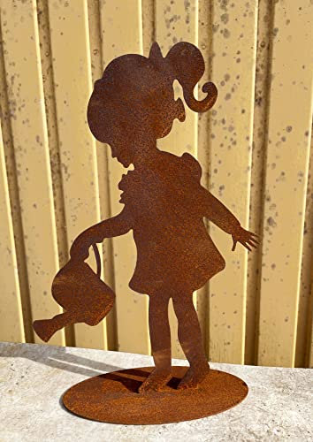 Gartenfigur Kleine Gärtnerin Mädchen Lena mit Kanne 35x22cm auf Platte Edelrost Gartendeko Wetterfest Rost Metall Rostfigur von Steinfigurenwelt