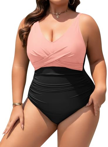 Vijamiy Maillot de Bain Grande Taille Femme 1 Piece Ventre Plat Swimsuit Sexy Col en V Maillot de Bain Réglable Push Up Rembourré Grosses Poitrines Monokini L-4XL(Rose,XL)
