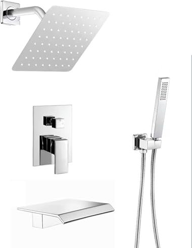 Duschsystem Regendusche Wand Eckig mit Armatur Badewanne Wasserfall Einhebelmischer Mischbatterie Dusche Unterputz 3 Funktionen,verchromt
