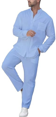 Generico Tuta Di Lino Da Uomo Elegante Comodi Camicia E Pantaloni Leggeri Casual Completi Sportivo Maniche Lunghe Con Elastico In Vita Tuta Palestra Jogging Allenamento Con Coulisse Tute Da Casa