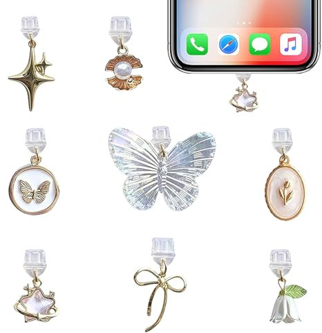 BelleVive 8er-Pack Charms pour téléphone et Kindle, Bouchon Protecteur Anti-poussière Compatible avec Kindle avec Port de Chargement de Type C, Cadeau coquet, Design Papillon-nœuds-Fleurs